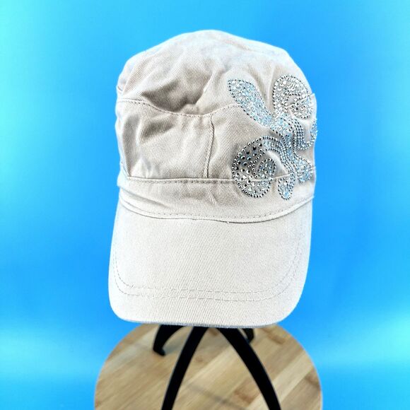 Unbranded Accessories - Womens Beige Military Style Cadet Cap w Rhinestone Fleur de Lis